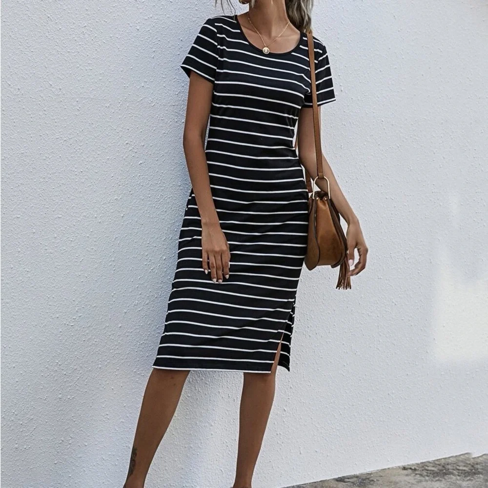 SHEIN Black & White Striped Midi Tee Dress with Side Slit - Picture 2 of 10